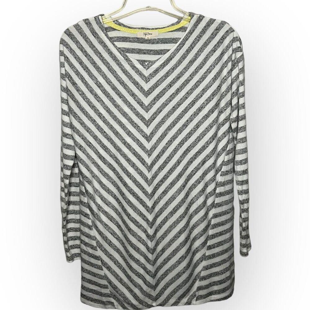 Peyton Primrose Women's White & Gray Striped Long Sleeve Tunic Top Size Small